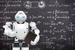 robot in front of chalk board